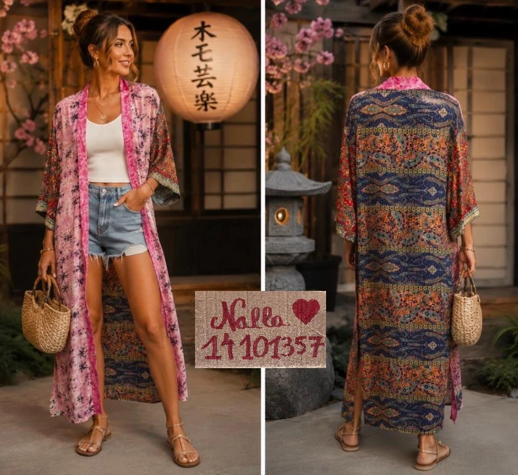 🌺 Long kimono satiné & ceinture dans les tons rosés Gold & Silver - Taille U